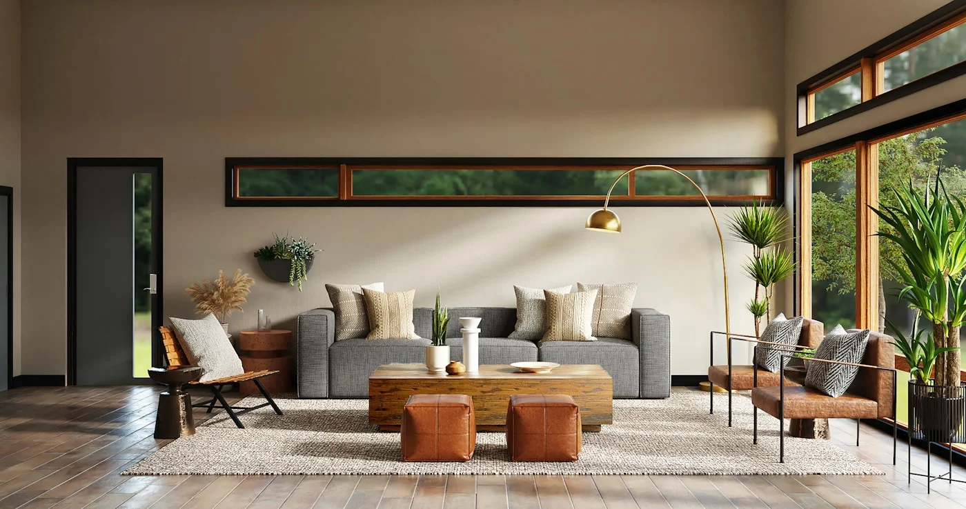 Salon chaleureux aux matières minérales et au mobilier en lin